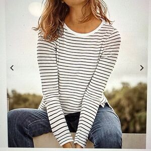 NWT Pima Cotton Crew Neck Long Sleeve Striped Tee in Black & Cream, XL Petite